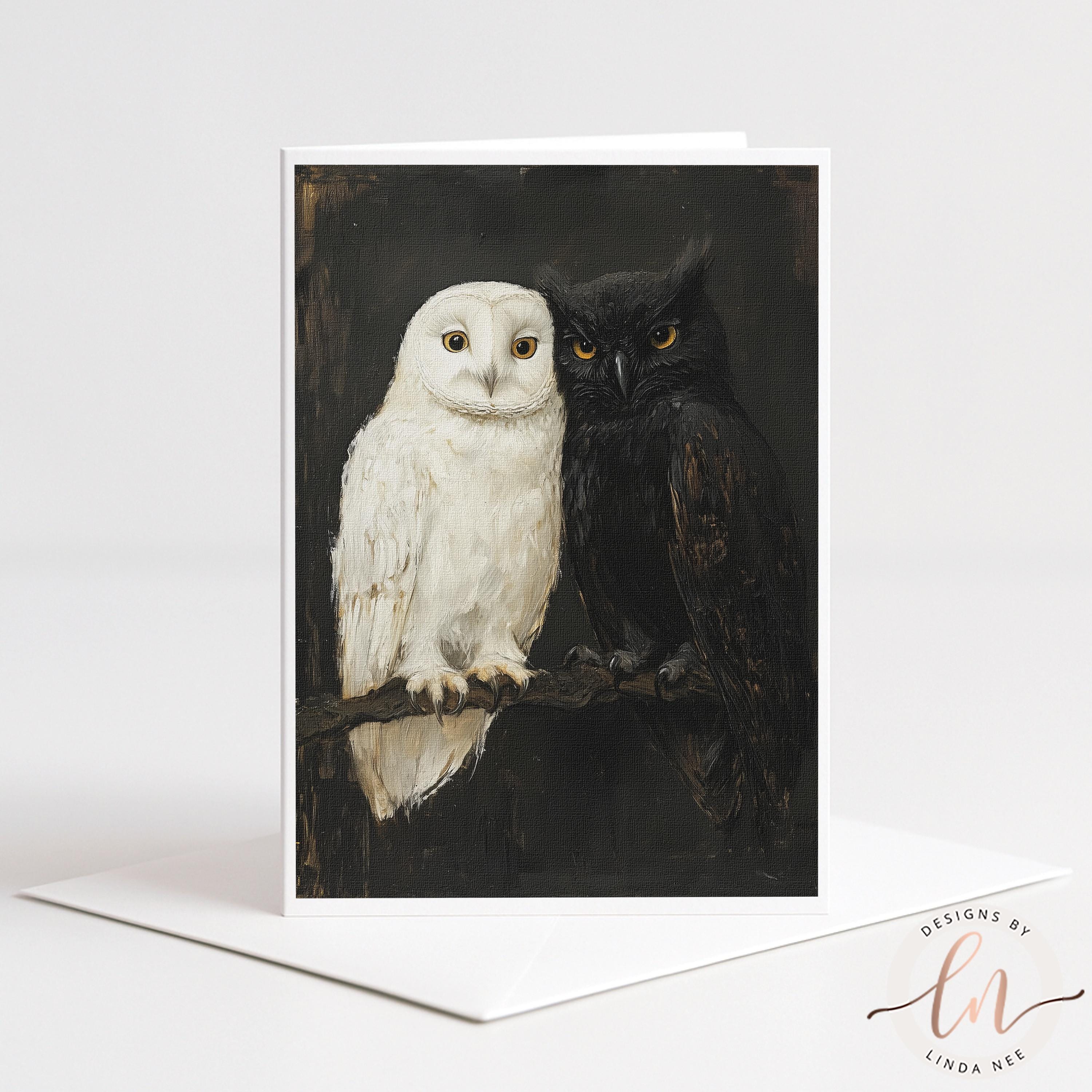 A painting of two owls, one white and one black, perched together on a branch against a dark background.