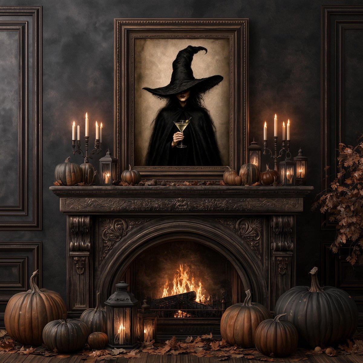 Martini witch wall art in a Halloween mantel display of pumpkins and candlelight
