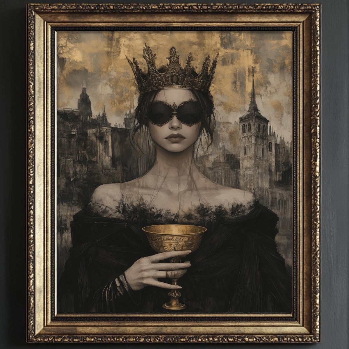 A woman wearing a crown and holding a golden chalice is depicted in a framed artwork.