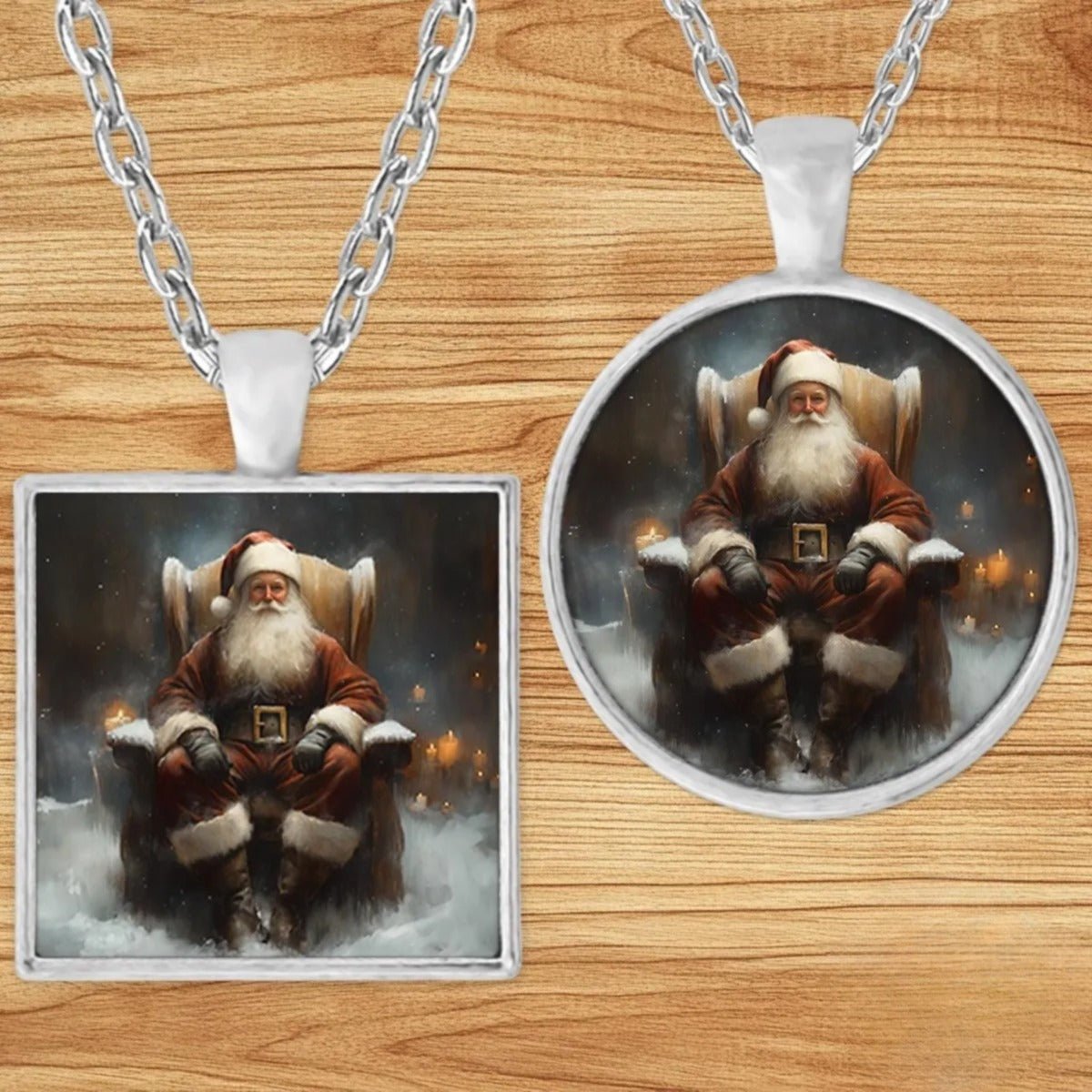 Father Christmas Candlelit pendant necklace shown in round and square silver charm styles on a wood background