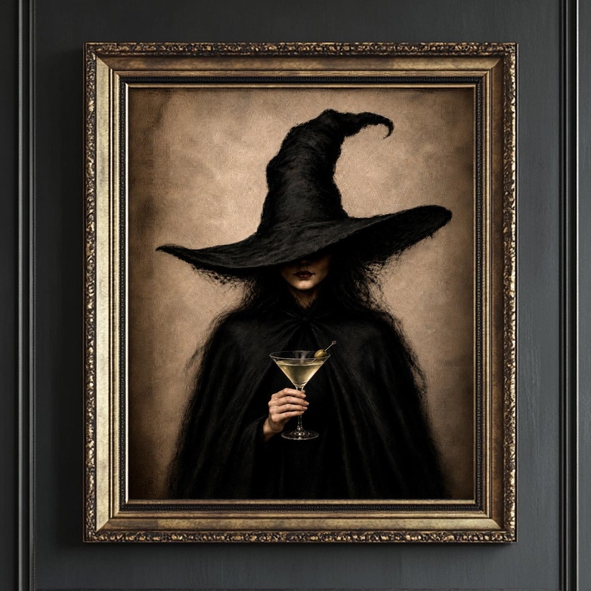 Witch in a black cloak and wide-brimmed hat holding a martini glass against a dark background