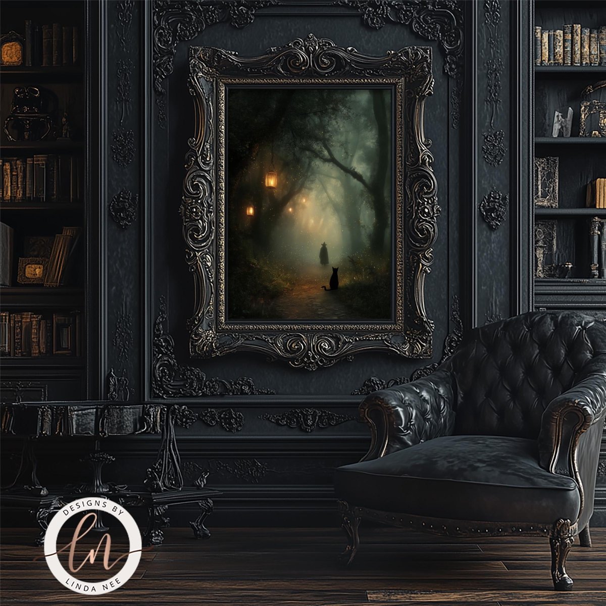 a dark, moody room with a large, ornate frame hanging on the wall, featuring a painting of a witch walking through a misty forest. The room has a black leather chair and a bookshelf filled with books, creating a cozy and mysterious atmosphere.