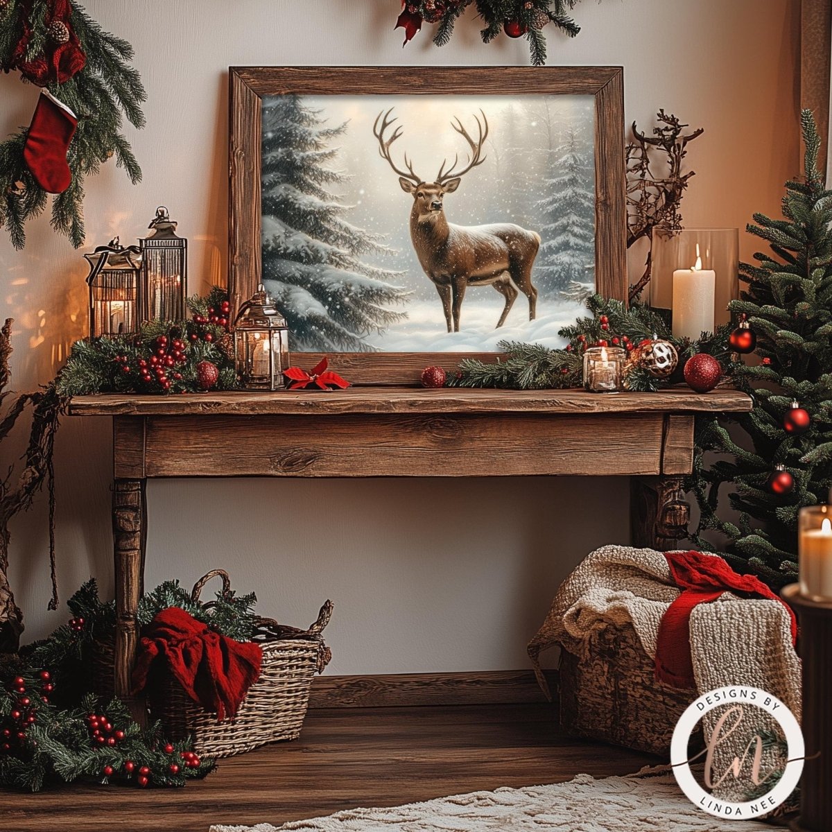 Deer wall art displayed with candles, garland and Christmas ornaments