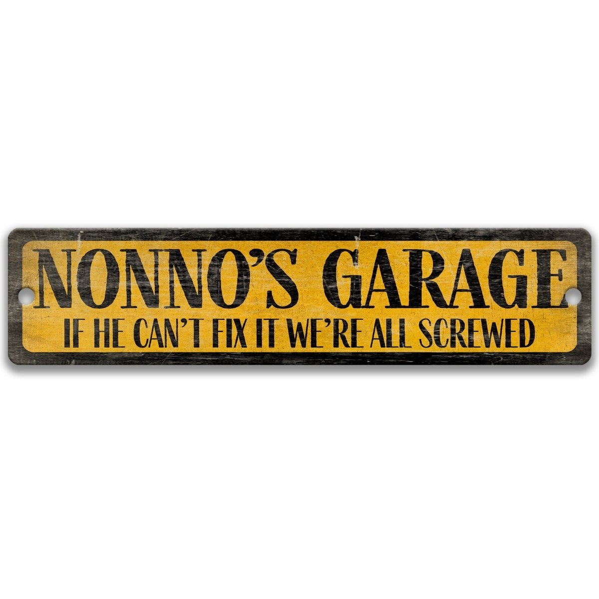 a sign with the text "NONNO'S GARAGE" in bold, black letters on a yellow background.