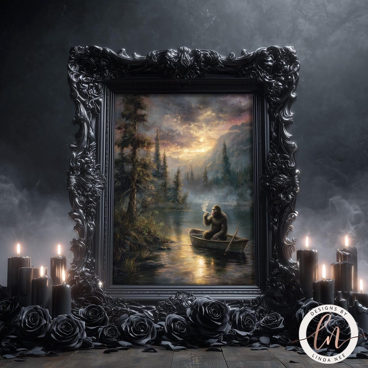 a painting of a person sitting in a boat on a lake, surrounded by a forest and a sunset sky. The painting is framed in an ornate black frame and is displayed on a dark background with candles and rose petals.