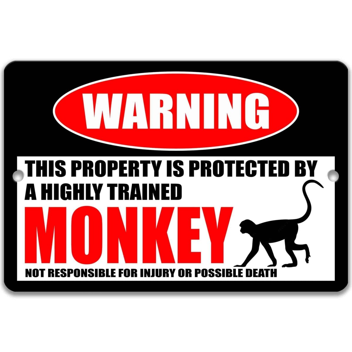 Monkey warning yard sign, distressed metal, property protected by a highly trained monkey, with long-tailed monkey silhouette
