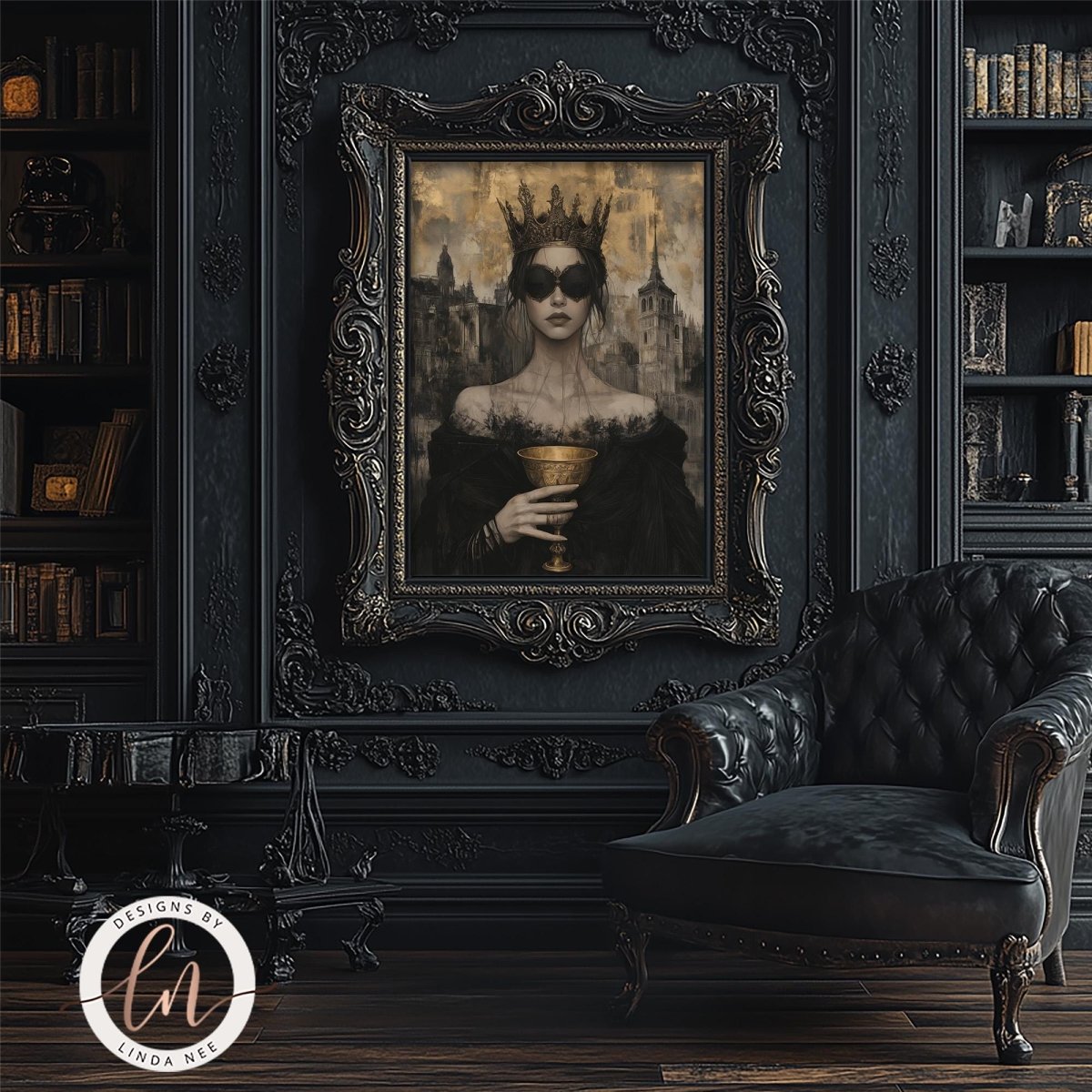a dark, ornate room with a large, gilded frame hanging on the wall. The frame contains a portrait of a woman wearing a crown, holding a golden chalice. The room also includes a black leather armchair and a bookshelf filled with books.