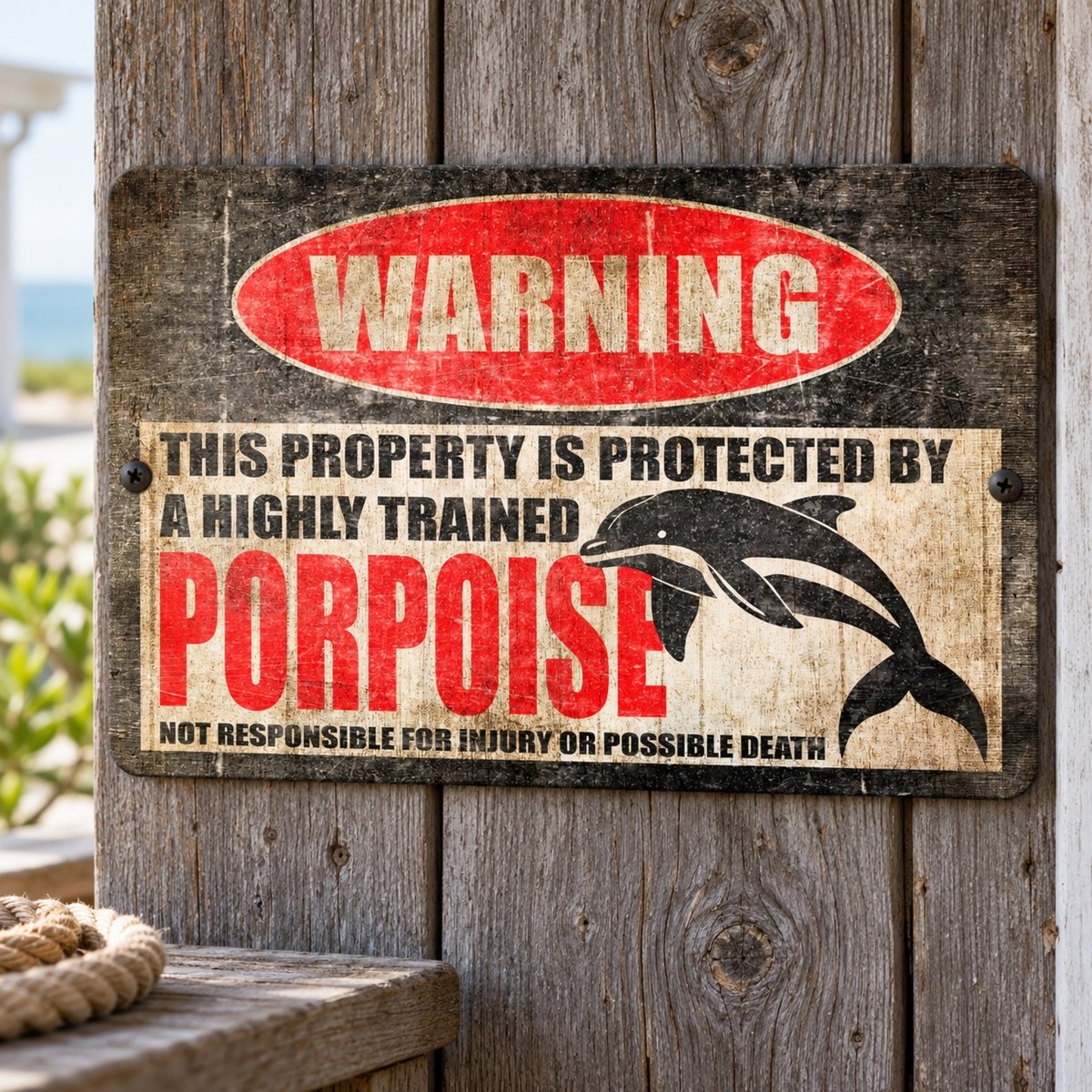 Porpoise metal warning sign with a bold WARNING header and the full injury or possible death disclaimer, front view
