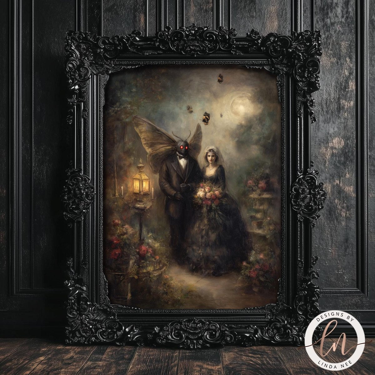 The image is a painting of a couple standing in a garden, with a large winged creature, Mothman, hovering above them. The painting is framed in an ornate black frame and is displayed on a dark wooden surface.