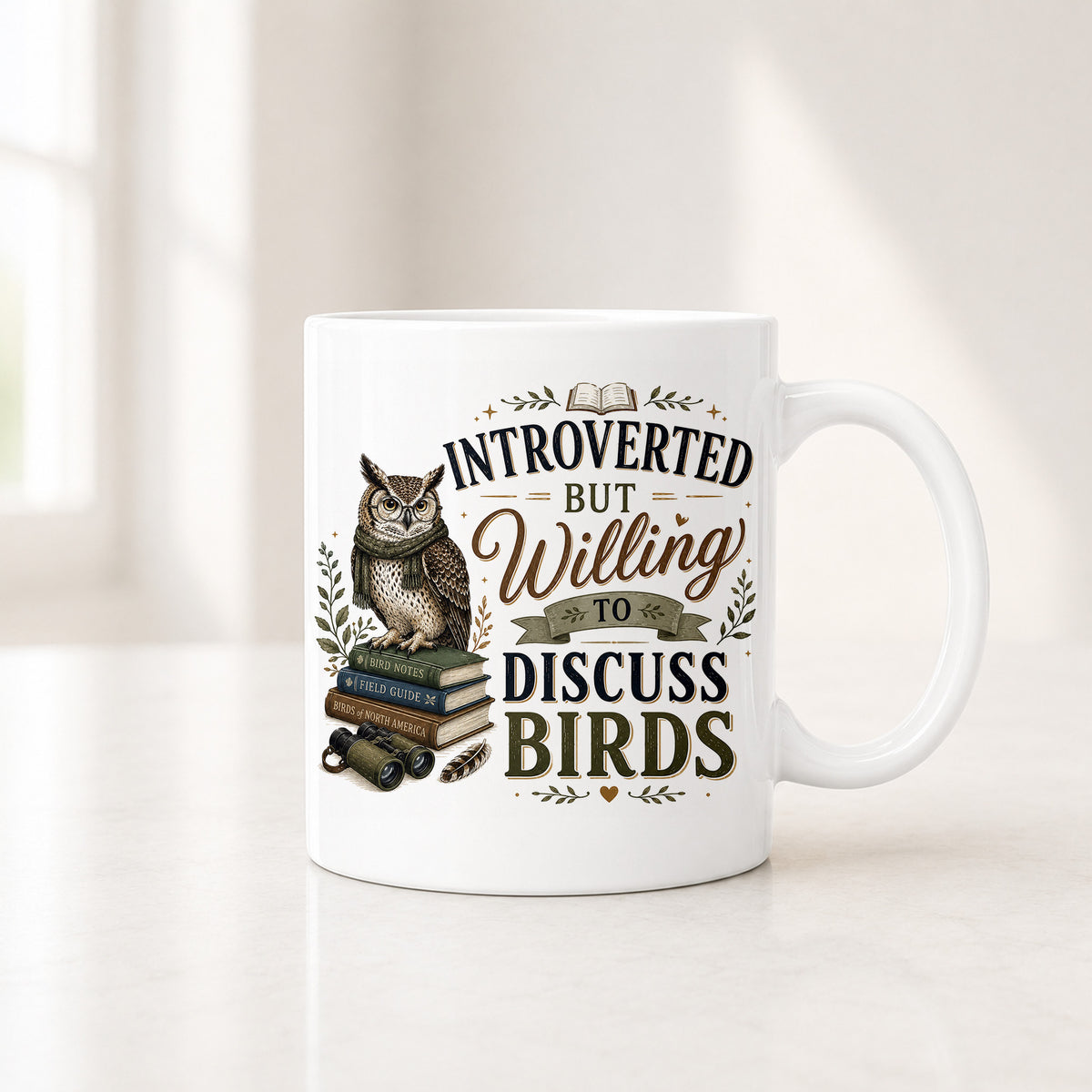 White bookish owl mug with a horned owl on a stack of books beside Introverted But Willing to Discuss Birds