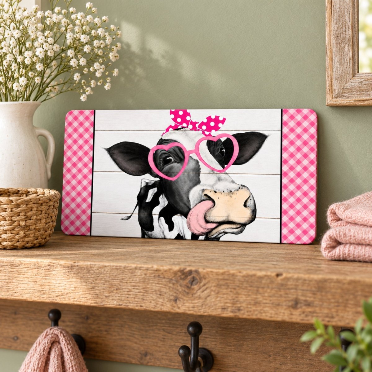 Pink Heifer sign on a wooden shelf