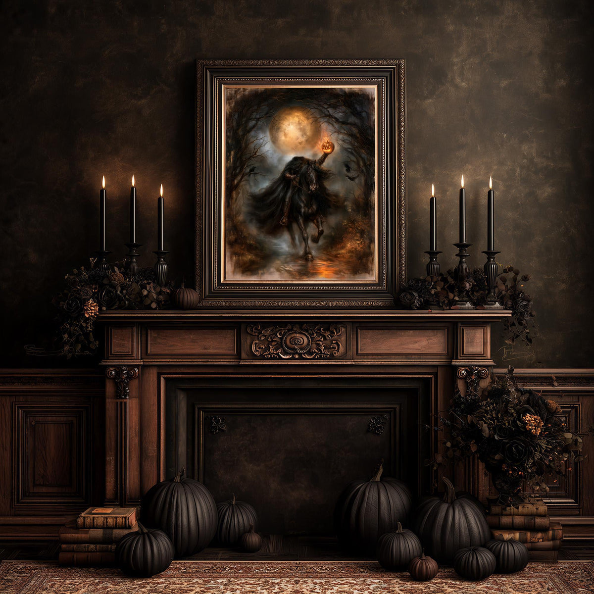 Gothic room with a pumpkin-lined fireplace beneath the headless horseman artwork
