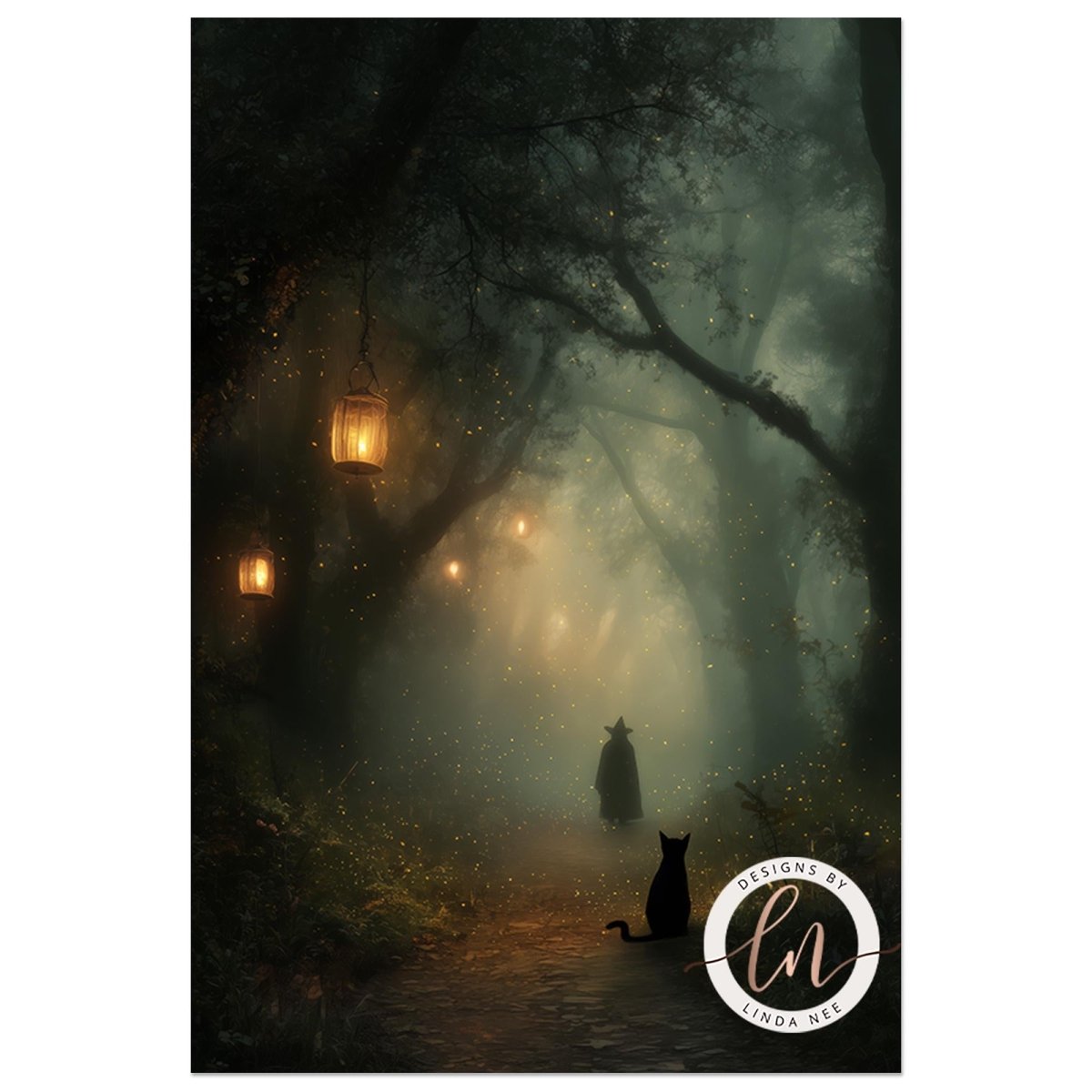 A black cat sits on a path in a misty forest, with a person walking away in the distance.