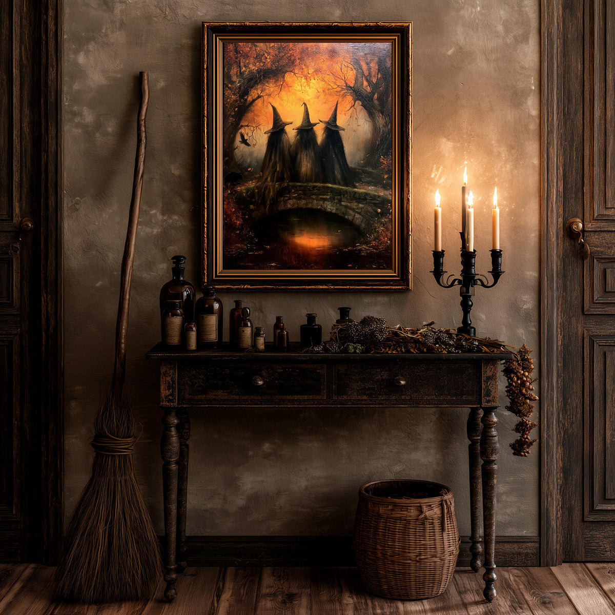 Autumn witch wall art above a wooden table of apothecary bottles and a broom