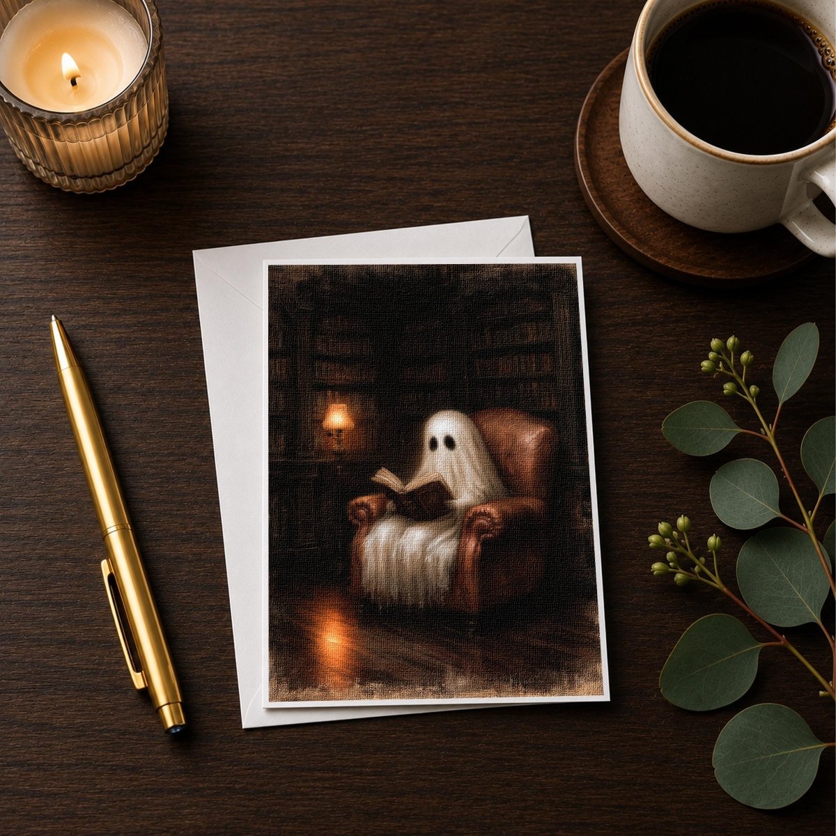 Haunted library ghost note card styled with a candle and coffee