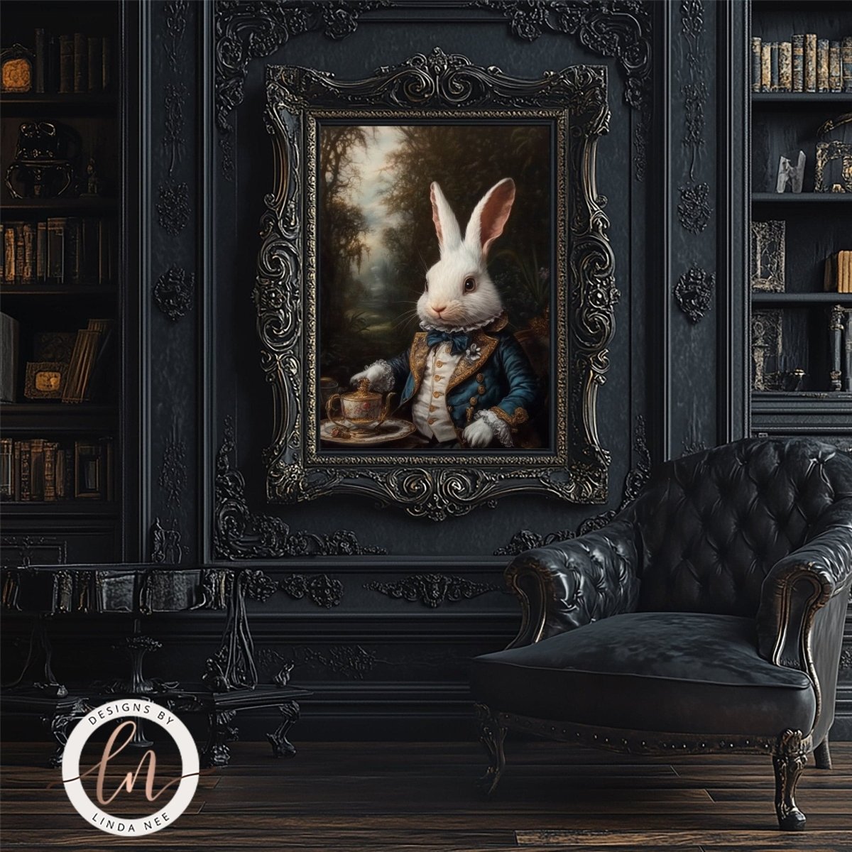 White rabbit teapot artwork displayed with a leather armchair and bookshelf