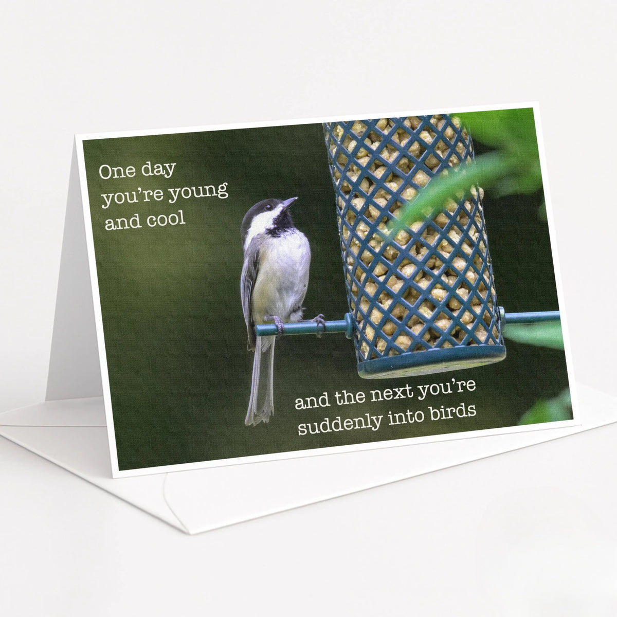 Black-capped Chickadee photograph on a funny Bird Nerd 5x7 blank greeting card