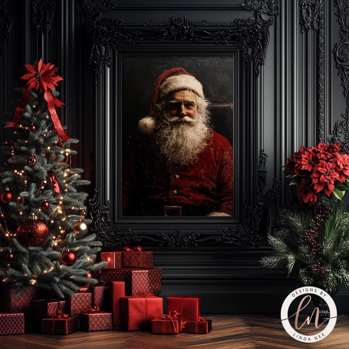Vintage Christmas Santa portrait displayed with a lit tree, gifts and poinsettias