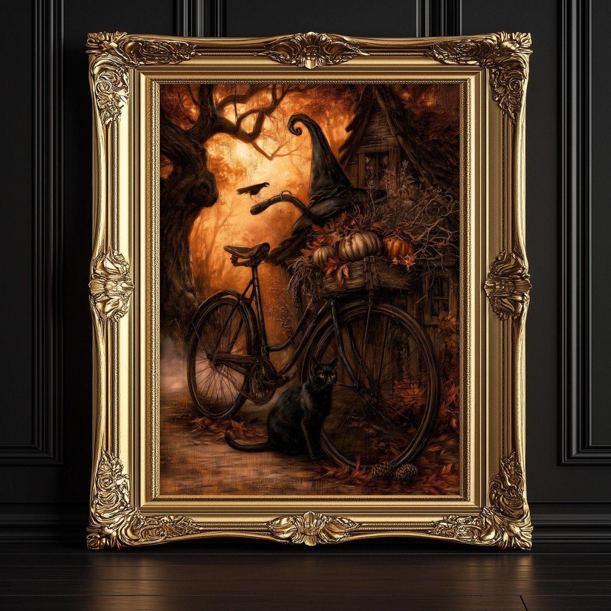 Vintage bicycle and pumpkin wall art displayed framed on a dark painted wall