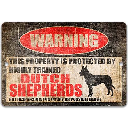 K9 security warning sign, distressed metal, property protected by highly trained Dutch Shepherds, with guard dog silhouette
