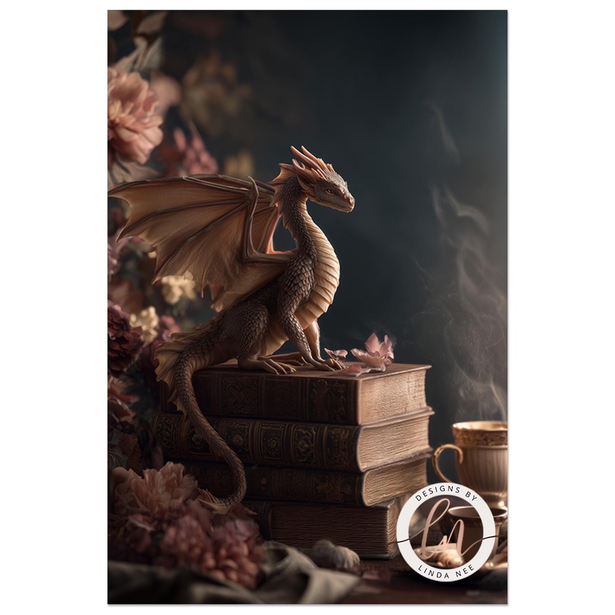 A golden dragon figurine perched atop a stack of books, surrounded by pink flowers, with a steaming cup of tea nearby.
