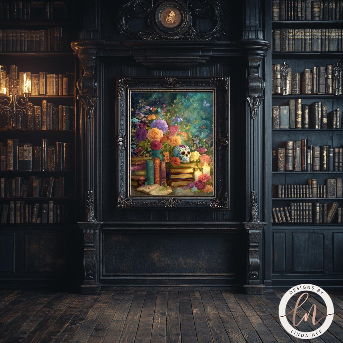 a dark, ornate room with a large bookshelf filled with books on the right side. The focal point of the room is a painting of a skull surrounded by flowers and a vase of flowers, hanging on the wall above a wooden floor.
