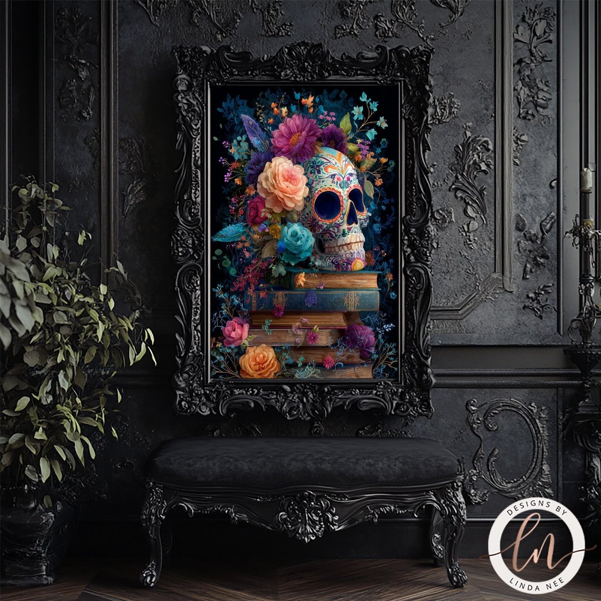 a large, ornate black frame with a colorful, floral-themed painting of a skull resting on a stack of books. The frame is set against a dark, textured wall, creating a striking contrast. The painting is surrounded by an array of vibrant flowers and foliage, adding a sense of depth and dimension to the scene. The overall composition is visually captivating and evokes a sense of mystery and intrigue.