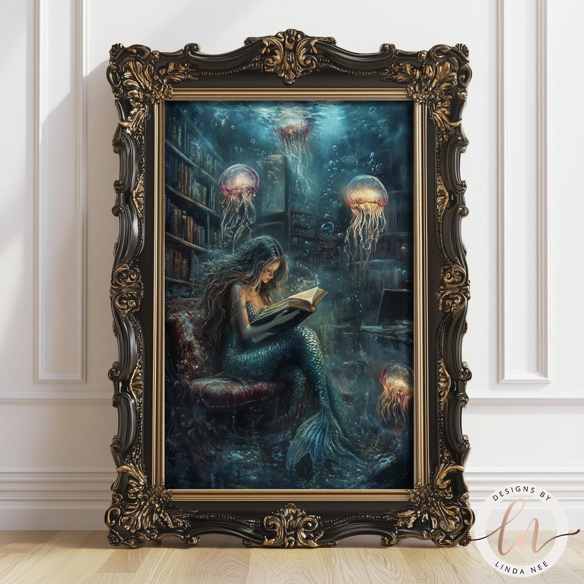 The image is a painting of a mermaid reading a book, surrounded by jellyfish and underwater scenery.