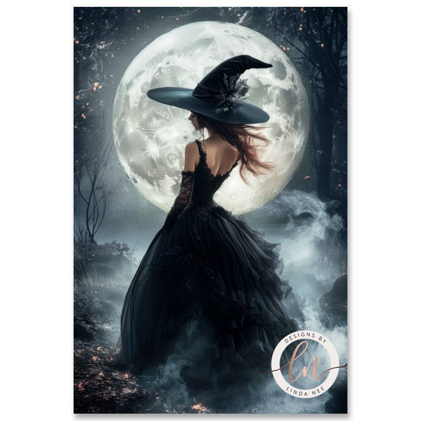 A woman in a black dress and a large black hat stands in front of a large, full moon, with a misty, dark forest in the background.