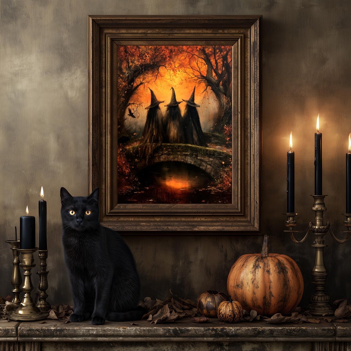 Black cat on a mantel in front of the autumn witches art print