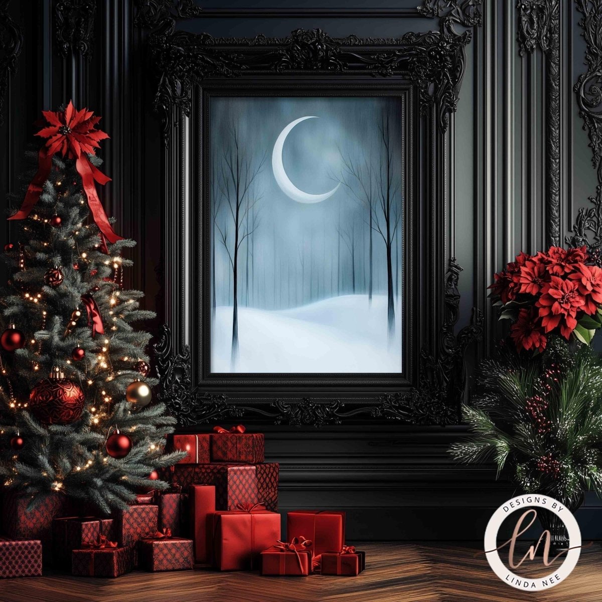 Snowy moonlit forest artwork displayed beside a decorated Christmas tree