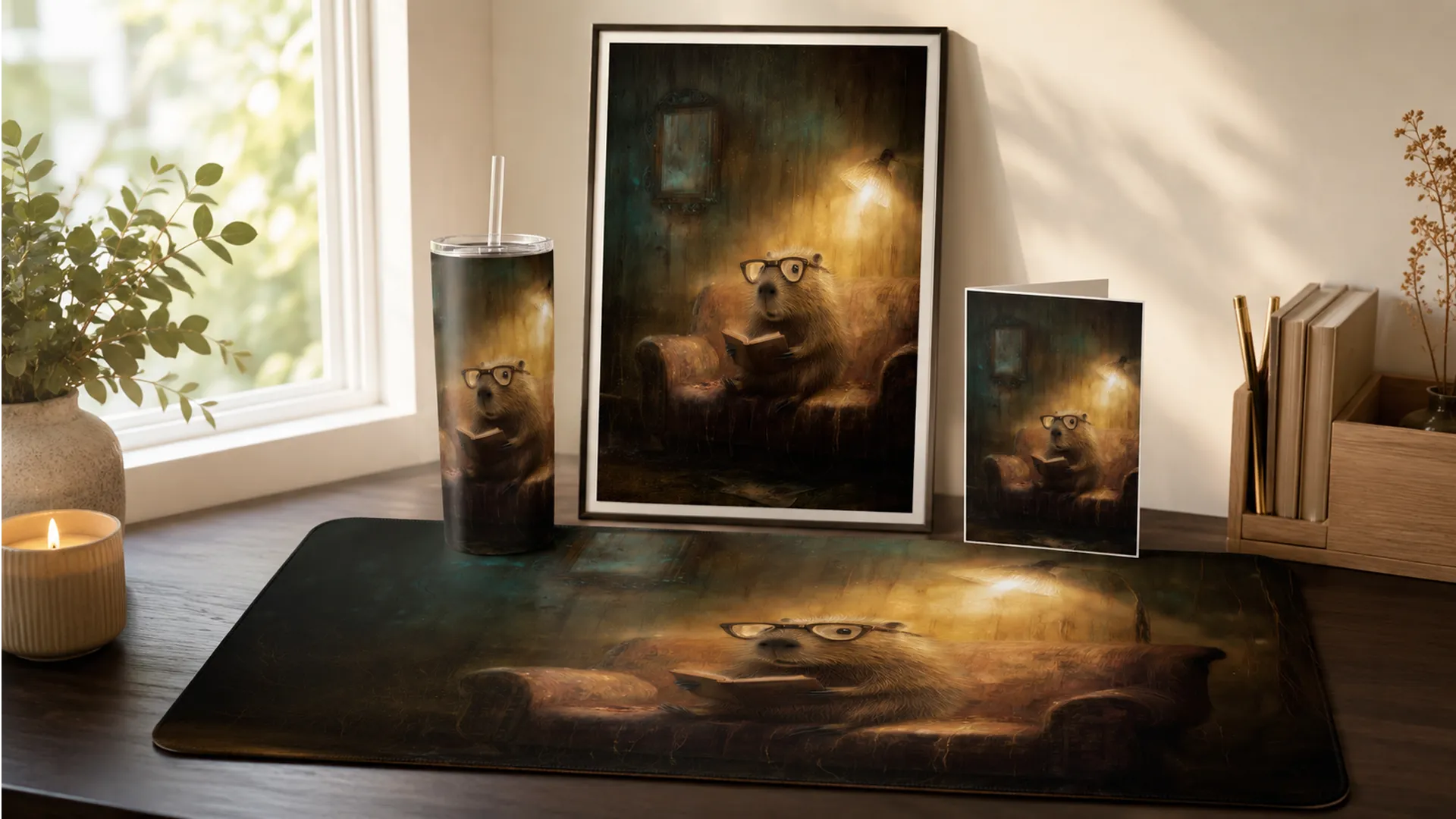 A coordinated desk setup featuring a large printed mouse pad, a tumbler with a clear lid and straw, a framed poster, and a small card, all printed with the same moody illustration of a cat wearing glasses sitting on a couch in a dimly lit room. The items are arranged on a wooden desk beside a window with plants and a candle.