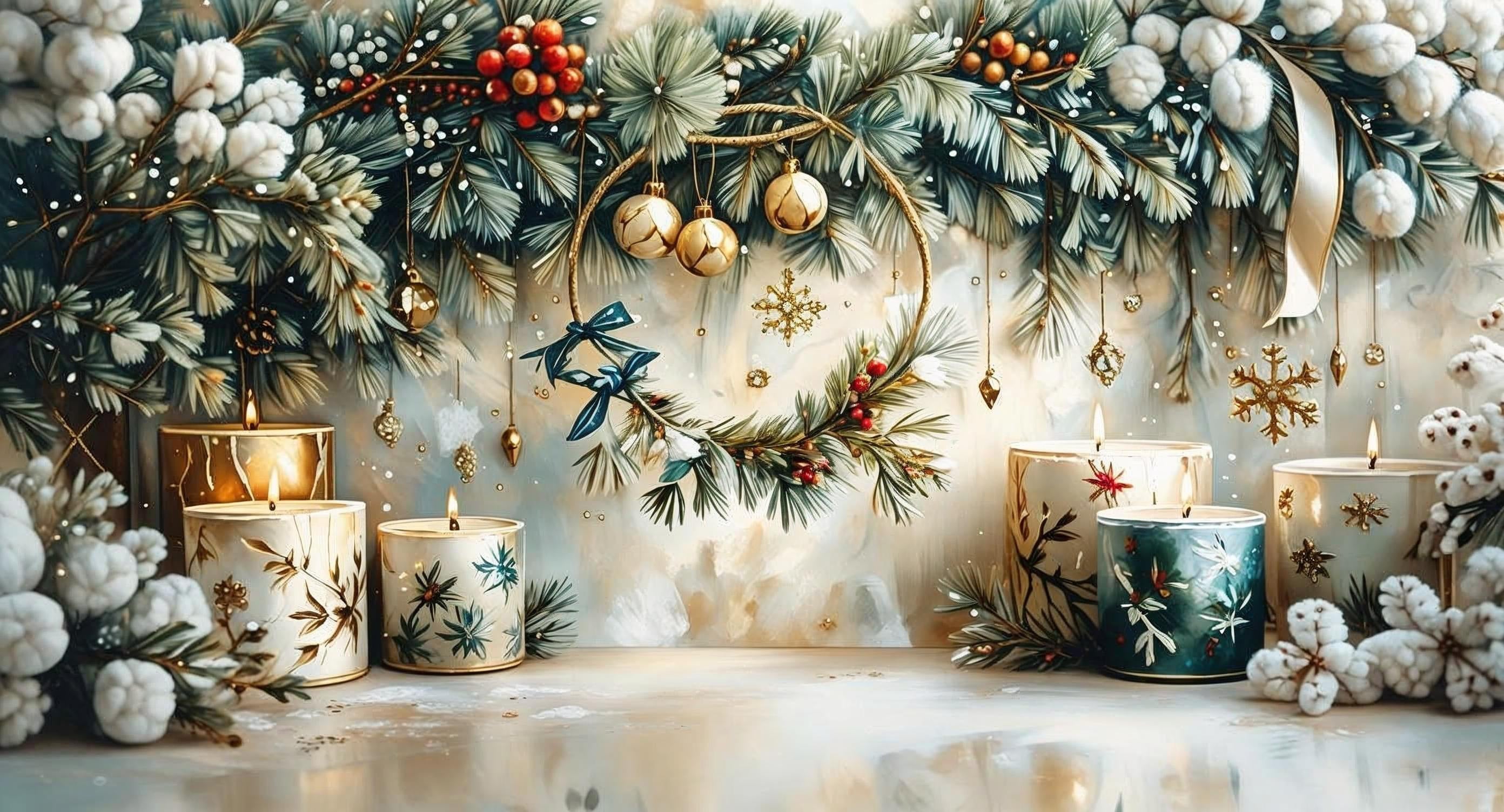 Decorative Christmas wreath with candles and festive decorations on a white background