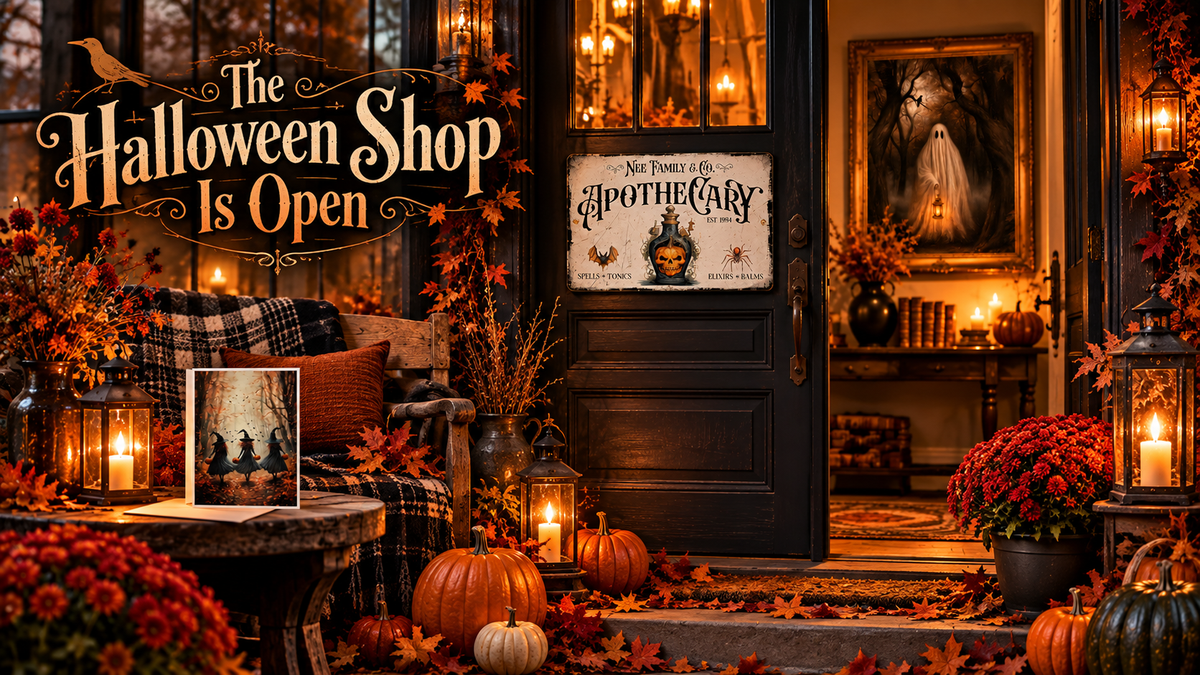 A cozy Halloween storefront scene with a dark wooden door, lit candles, pumpkins, autumn leaves, and a sign reading 'The Halloween Shop Is Open' and 'Mr. Pevens' Apothecary'.