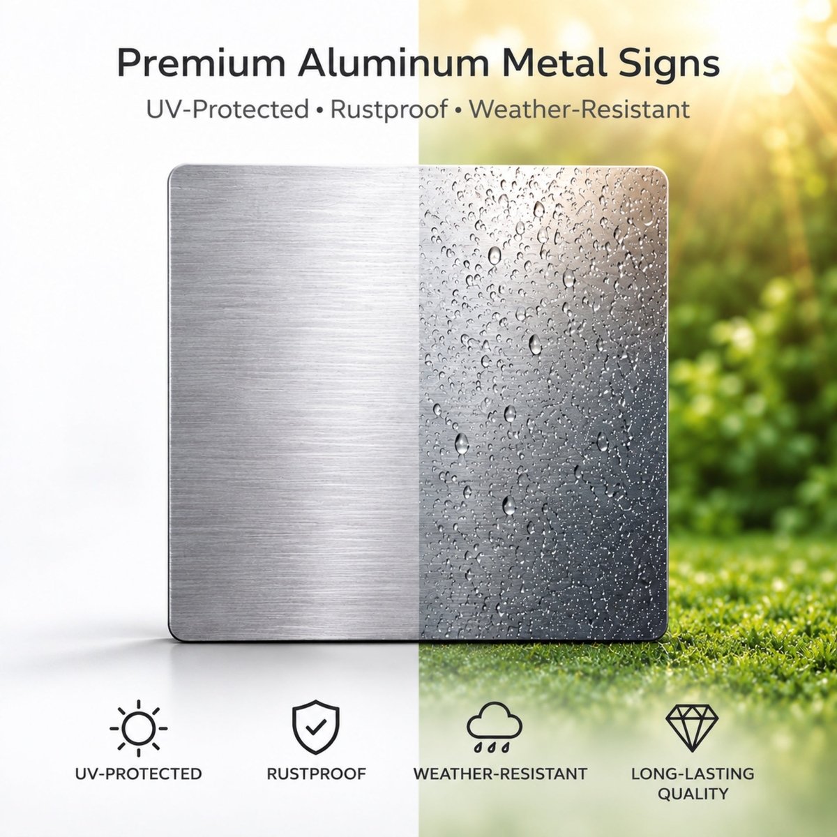 a square piece of premium aluminum metal with a textured surface, showcasing its UV-protected, rustproof, and weather-resistant properties.
