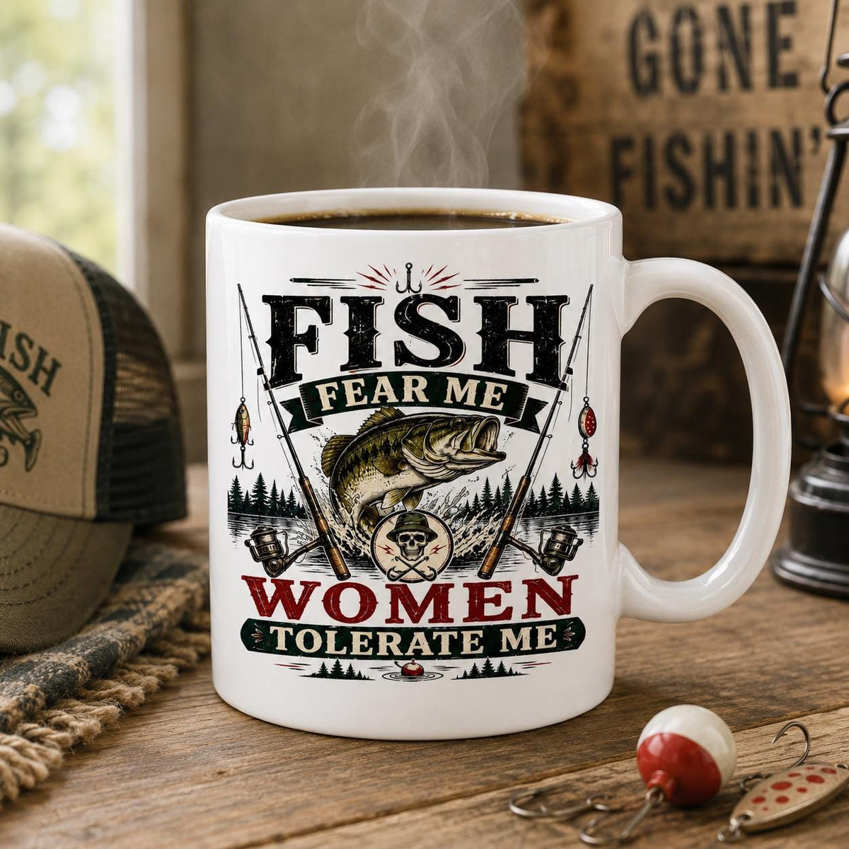 Side view of the bass fishing mug showing the vintage fishing lodge artwork and quote