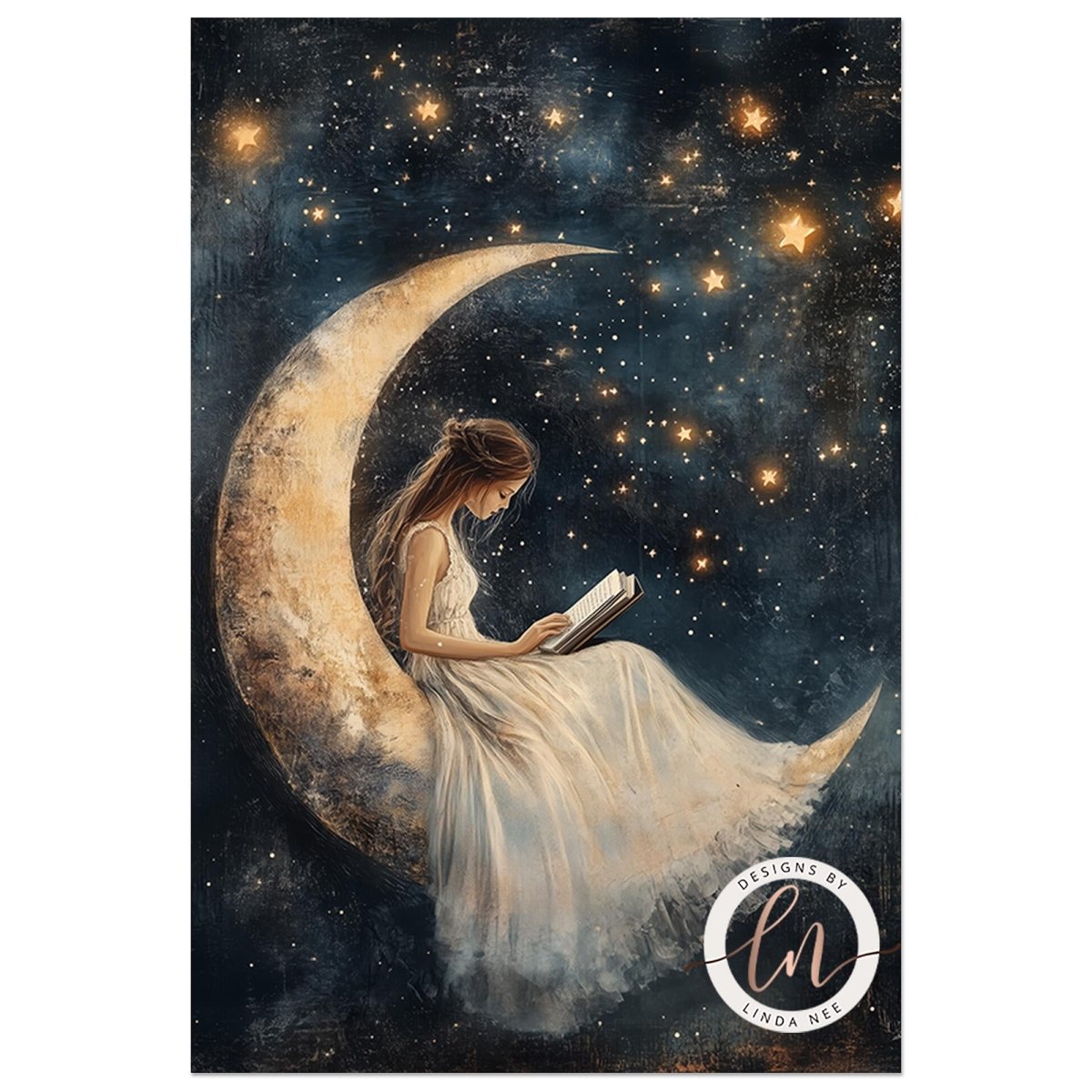 A woman in a flowing white dress sits on a crescent moon, reading a book under the starry night sky.