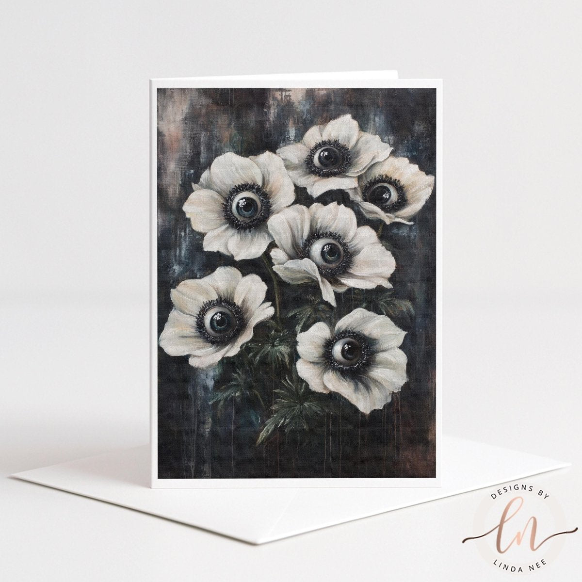 The image is a painting of white flowers with black centers, arranged in a bouquet-like manner.