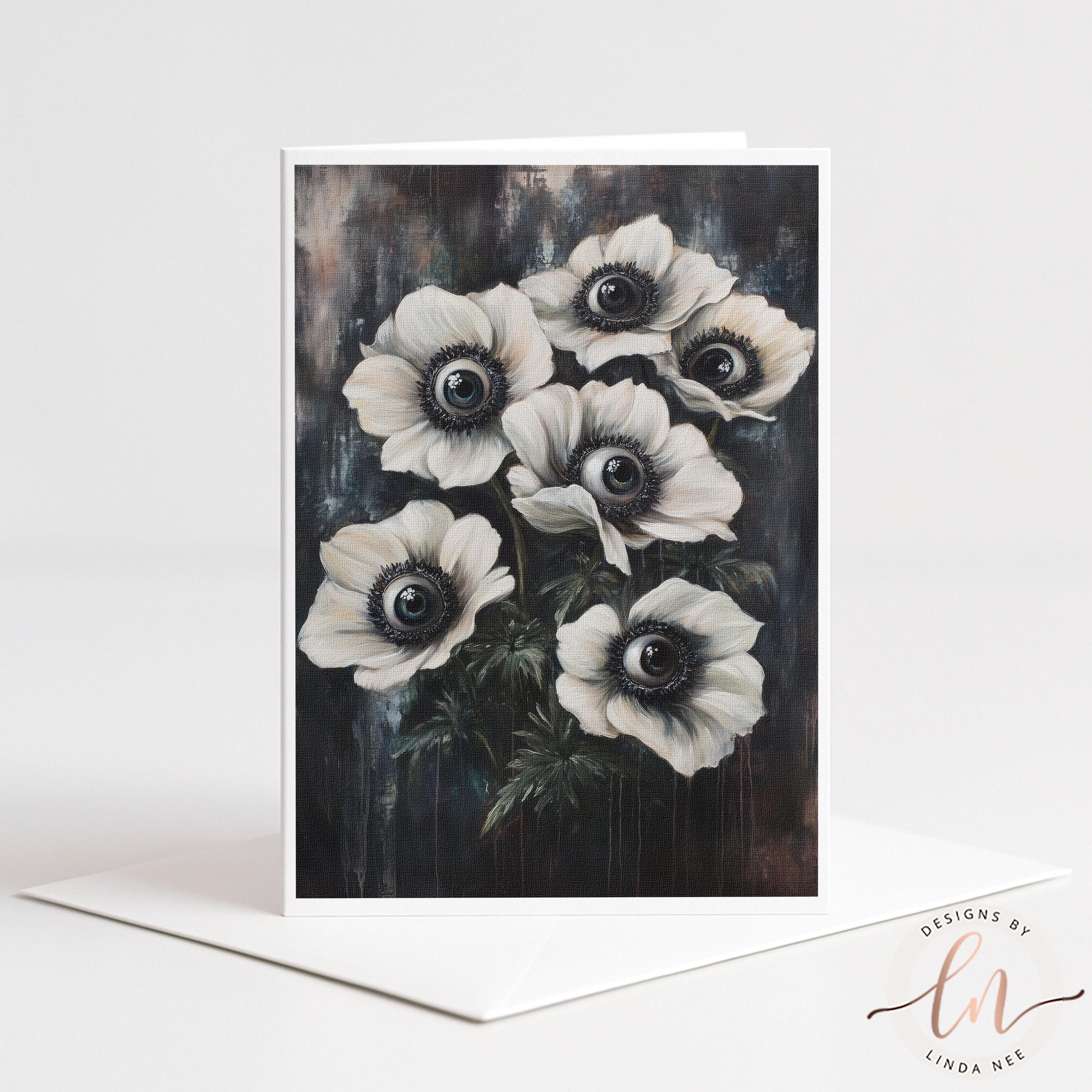 The image is a painting of white flowers with black centers, arranged in a bouquet-like manner.