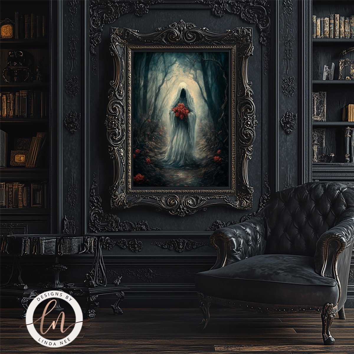 Ghost bride artwork displayed in a room with a leather armchair