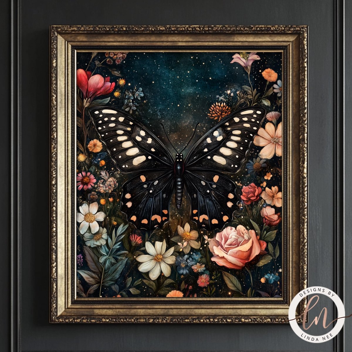 The image is a framed print depicting a black butterfly with white spots, surrounded by a vibrant array of colorful flowers and plants against a starry night sky background.