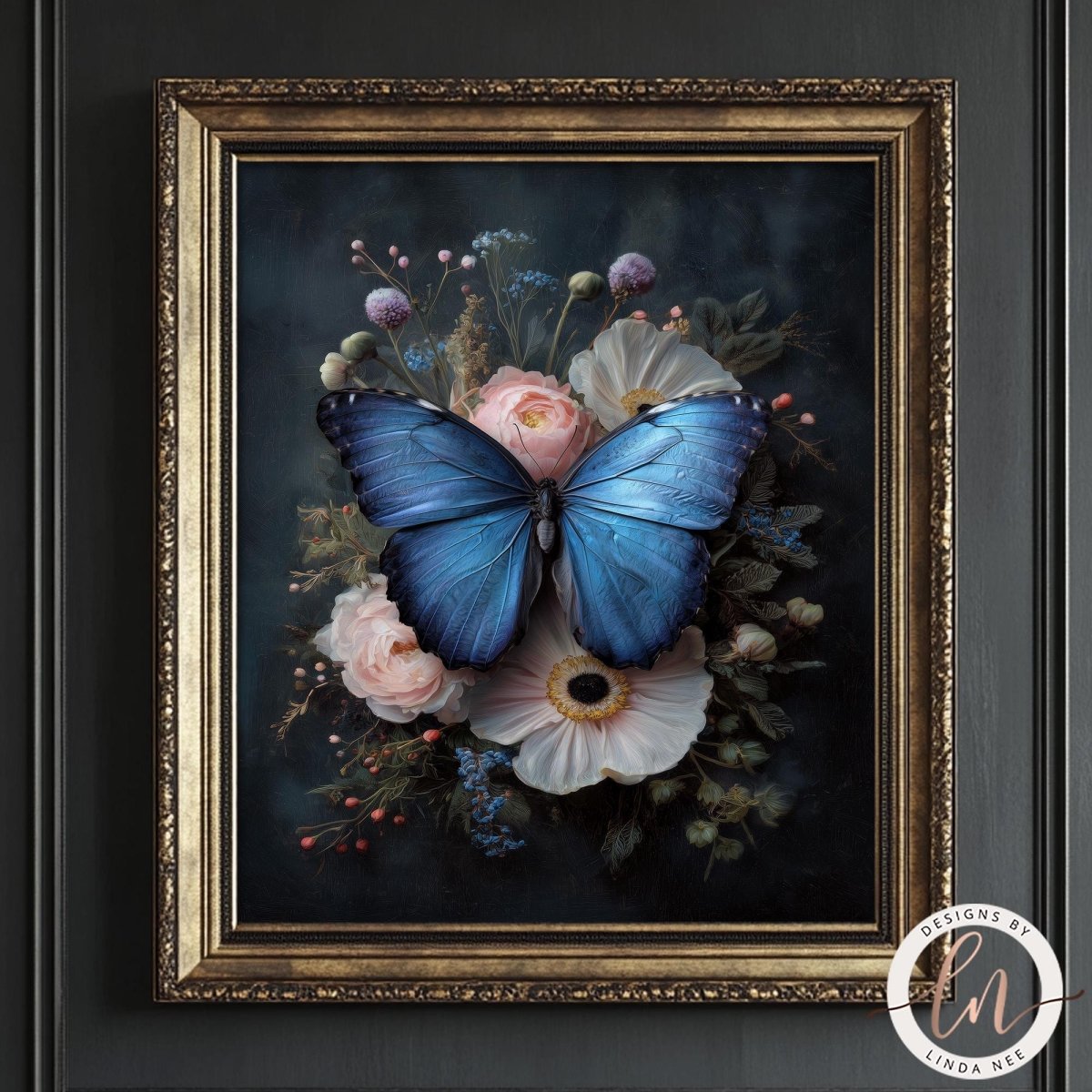 A framed painting depicting a blue butterfly resting on a floral arrangement of white and pink flowers, with purple and white flowers and other flowers surrounding the butterfly.