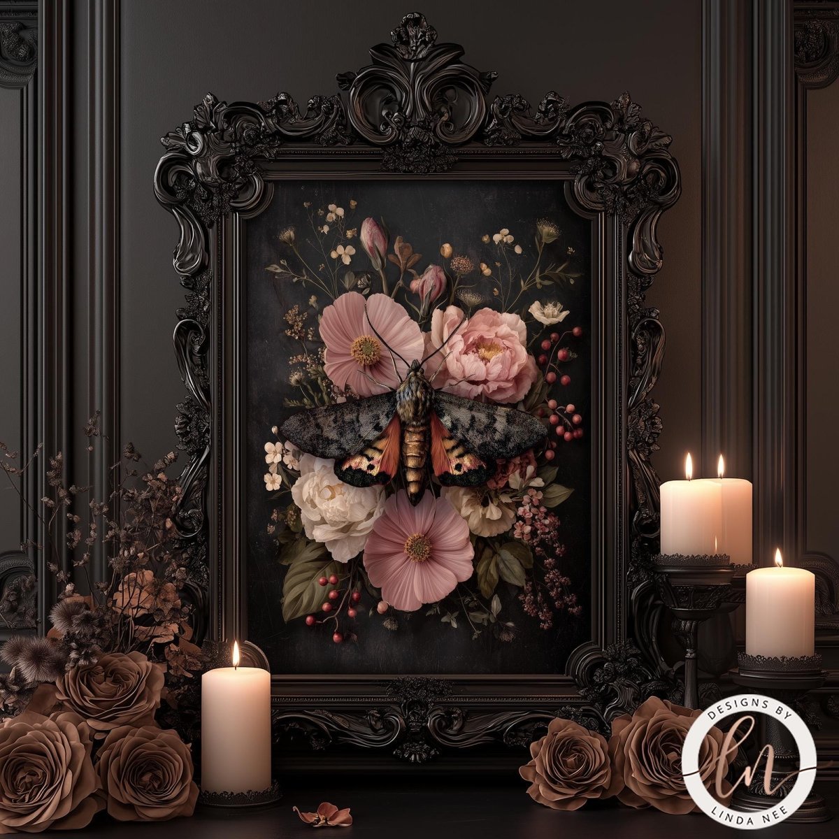 a dark, ornate frame with a floral arrangement of pink flowers and a butterfly. Surrounding the frame are lit candles and dried flowers, creating a warm and inviting atmosphere.