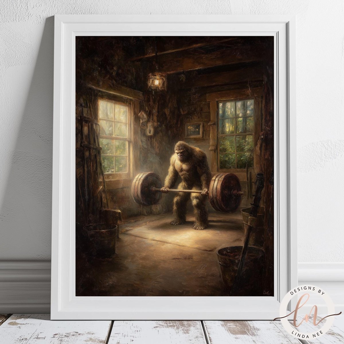 a large, furry creature lifting a heavy weight in a rustic, wooden-walled room.
