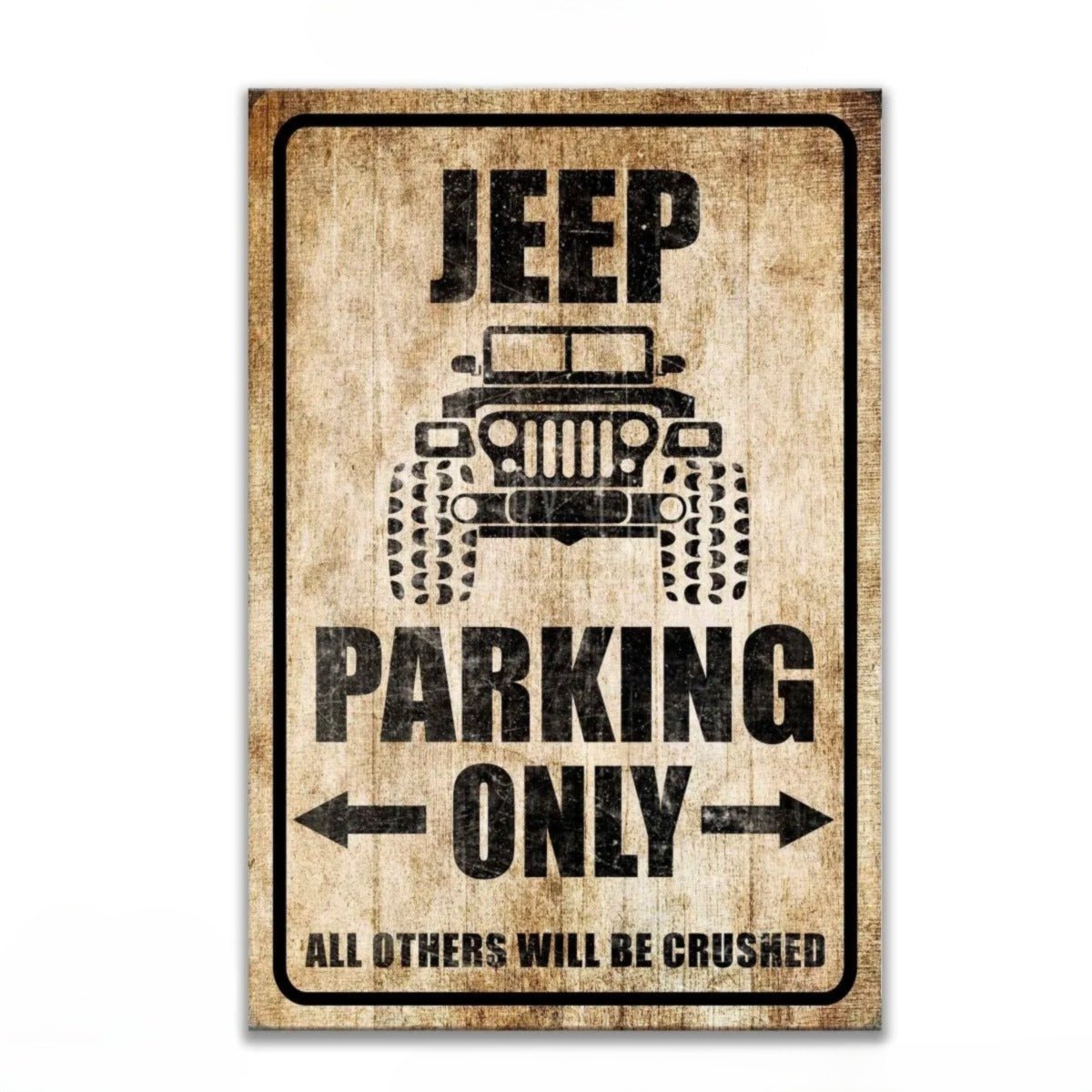 The image is a weathered wooden sign with a black and white illustration of a Jeep, indicating that parking is allowed only for this vehicle.