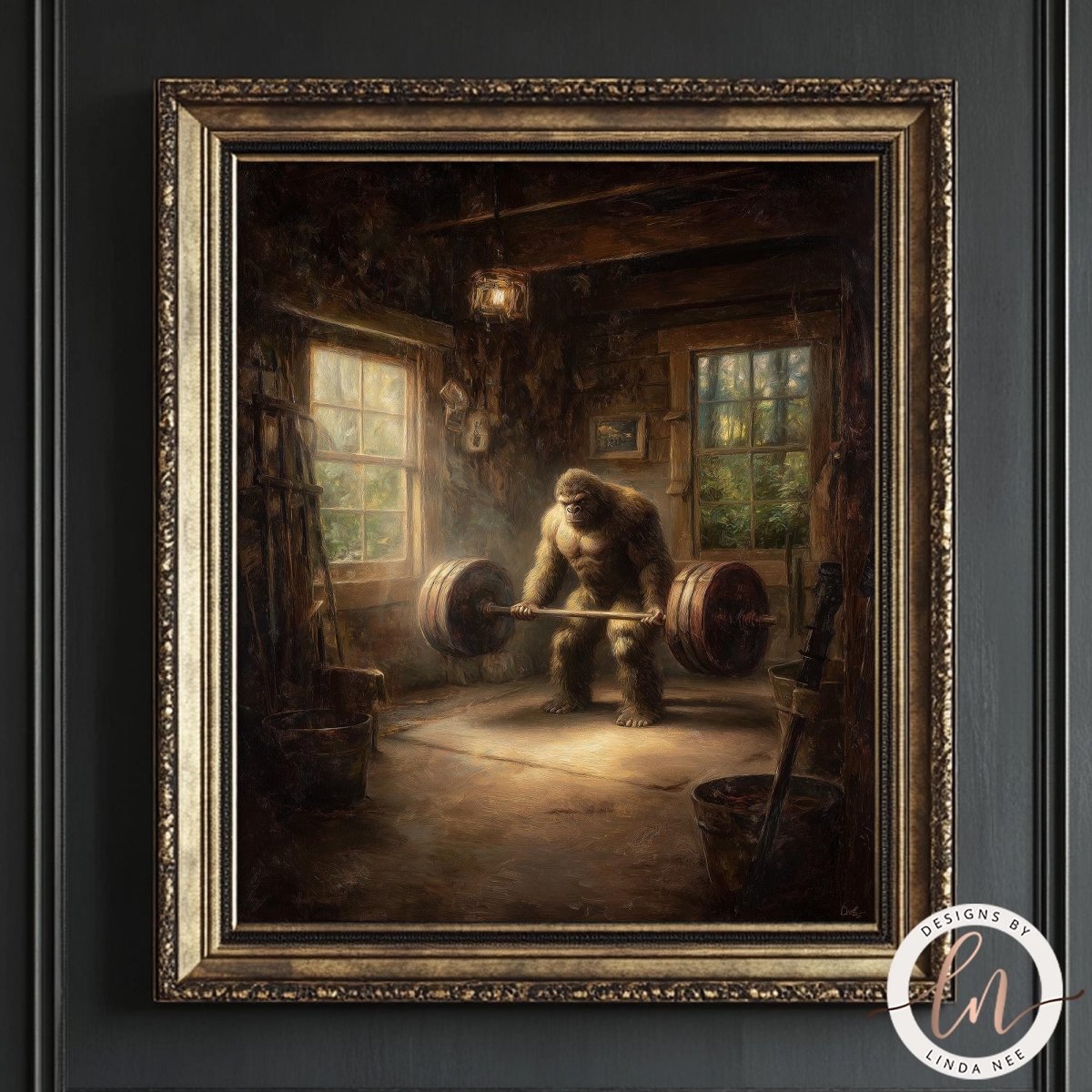 a large, furry creature lifting a heavy weight in a rustic, wooden-walled room with a window.