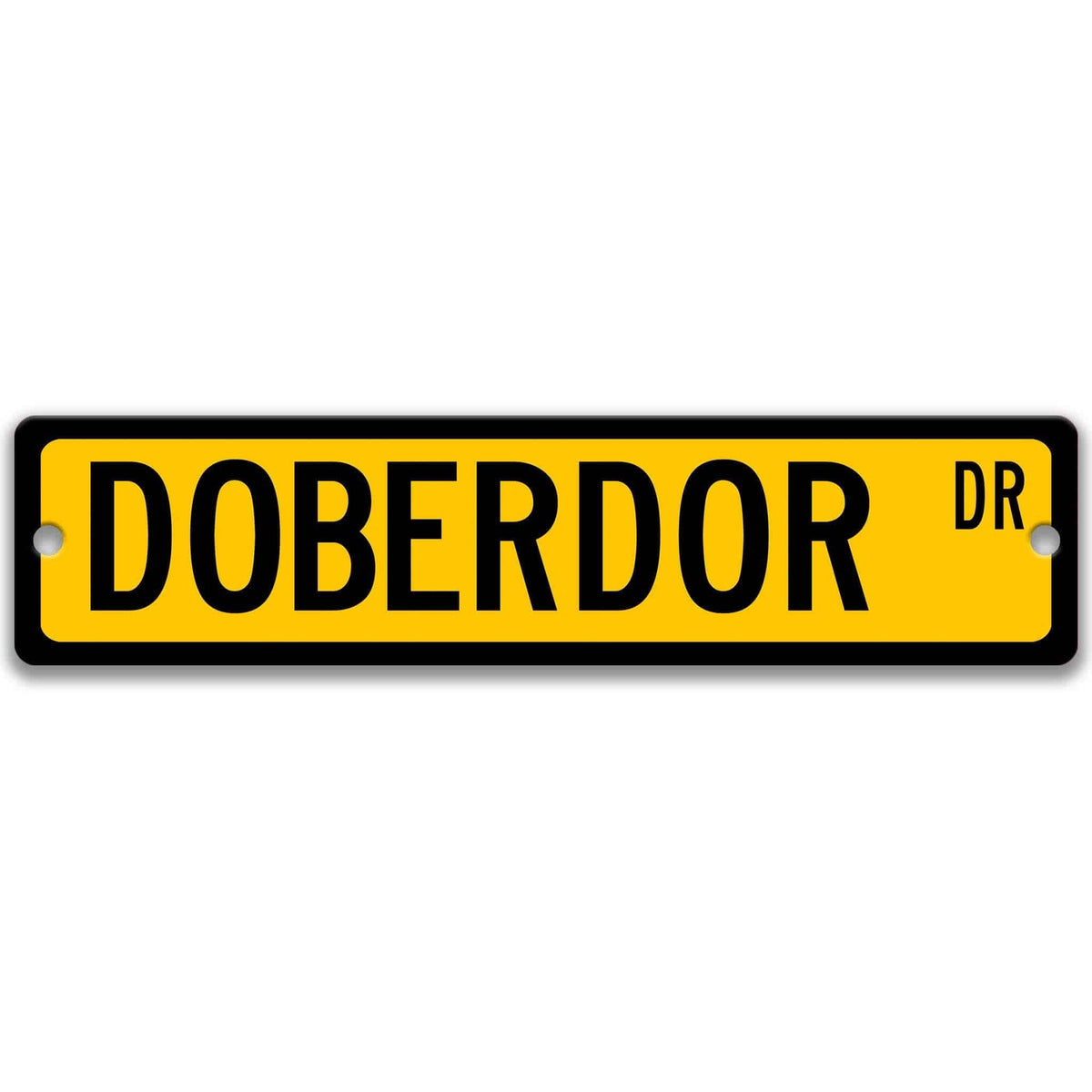 Yellow Doberdor DR aluminum street sign with black lettering