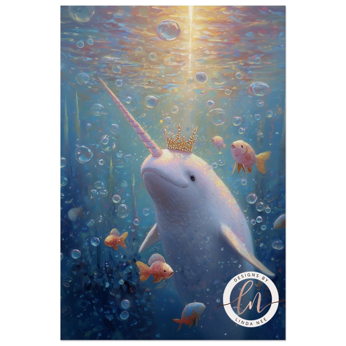 A whimsical painting depicting a narwhal with a crown, surrounded by colorful fish in a vibrant underwater scene.