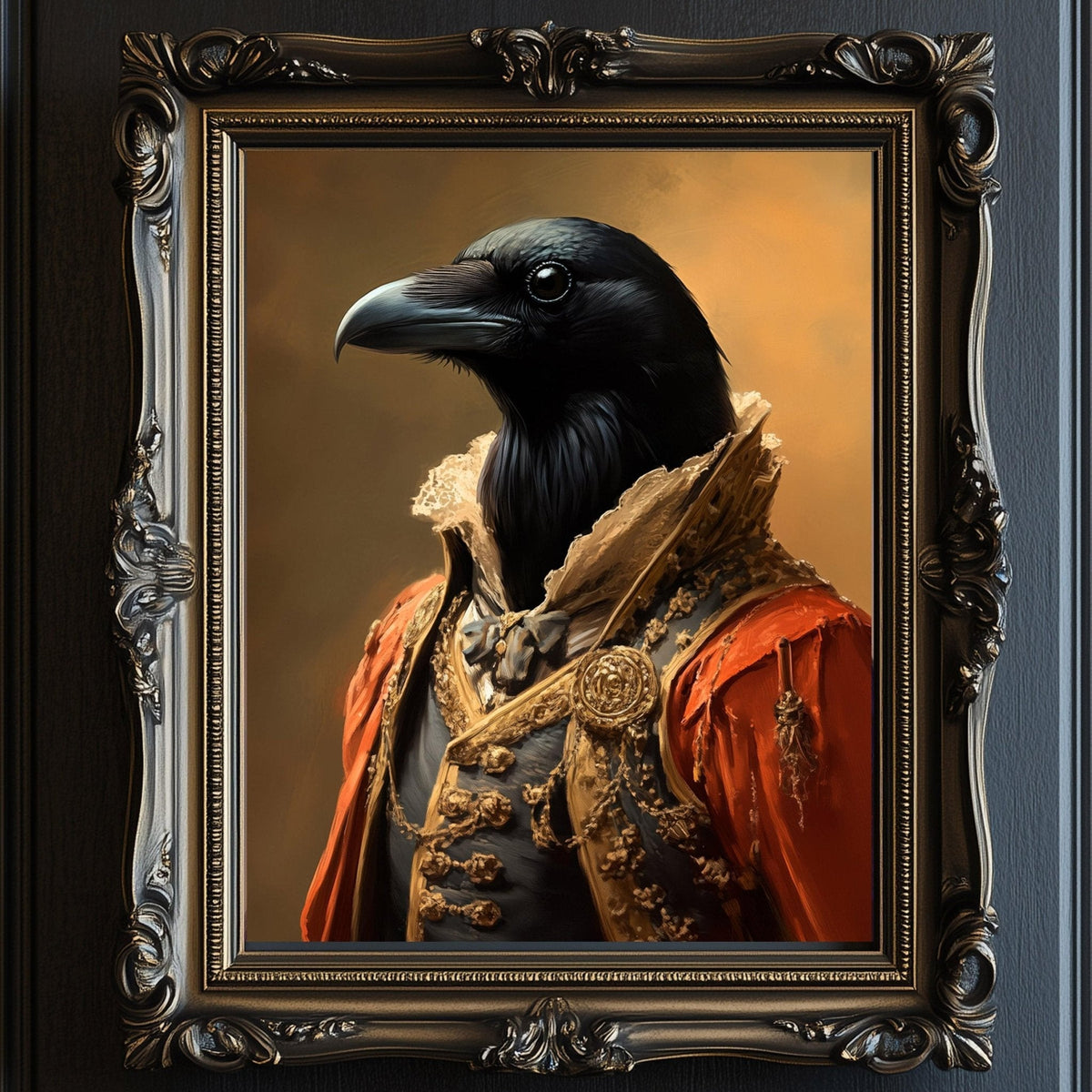 a black bird wearing an ornate, golden-colored outfit with a high collar and cuffs, set against a warm, golden-brown background.