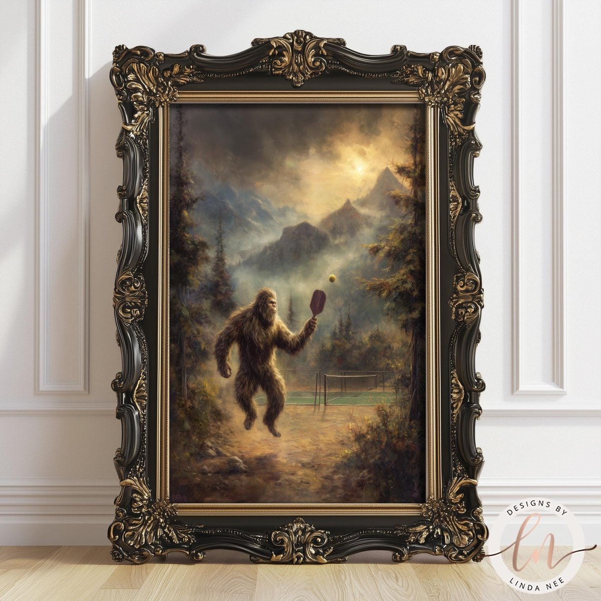 Painterly fantasy illustration of Bigfoot playing pickleball on a hidden outdoor court in the mountains, mid-swing with a paddle as a ball floats in front of him, surrounded by misty pine trees, dramatic golden clouds, and rugged peaks in the background.